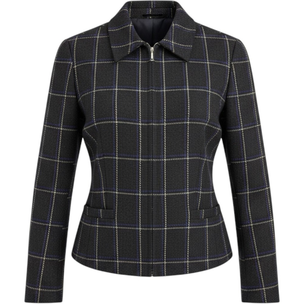Doncaster Womens 100% Silk Full Zip Plaid Jacket Windowpane Blazer Navy/Black L